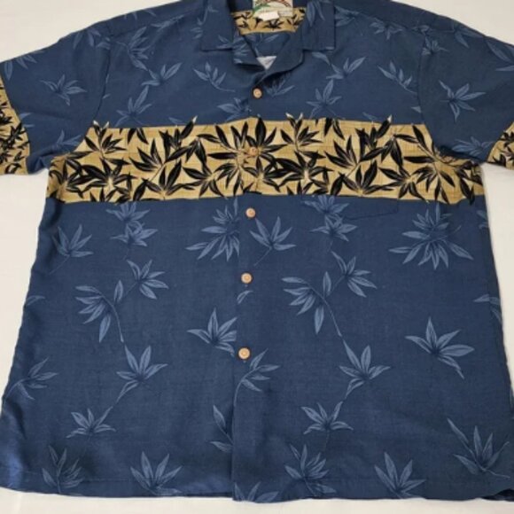 Paradise Found Vtg Hawaiian Luau Blue & Tan Floral Button Down Shirt Men's Large - Picture 1 of 4